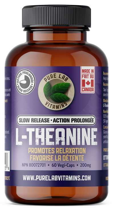 Bottle of Pure Lab Vitamins L-Theanine supplement on a white background