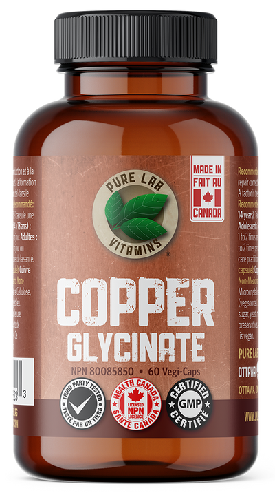 Brown supplement bottle labeled 'Copper Glycinate' with a black lid on a white background